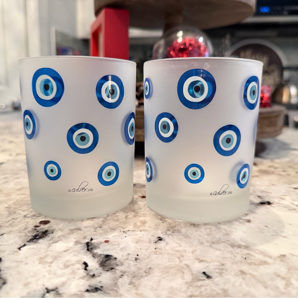 Culver Blue Evil Eye Pattern Frosted 2 Glass Set